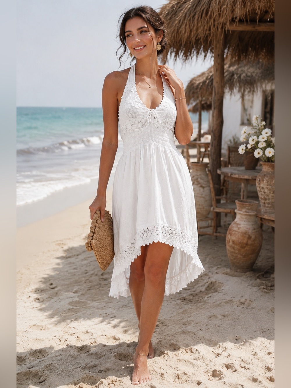 Blanco By Nature Halter Hi Low Dress M White Cotton Crochet Boho
